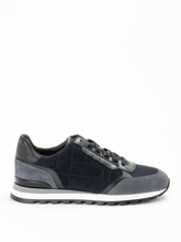 Low-top trainers in blue and grey split leather and fabric