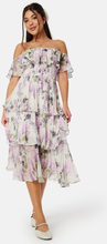 Goddiva Floral Bardot Pleated Midi Dress Multi XS (UK8)