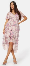 Goddiva Floral Flutter Tiered High Low Dress Pink S (UK10)