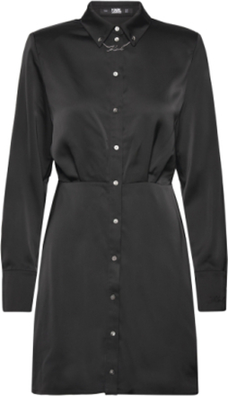 Karl Charm Satin Shirt Dress Designers Short Dress Black Karl Lagerfeld