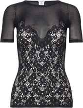 Flower Lace Top Short Sleeves Tops Blouses Short-sleeved Black Wolford