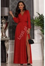 Brokatowa kopertowa czerwona sukienka z długim rękawem Salma 2