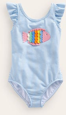 Logo-Badeanzug mit Ärmeln und flatternden Details Mädchen Boden, Blau Bunter Fisch