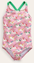 Bedruckter Badeanzug mit gekreuzten Trägern Mädchen Boden, Kirschblütenrosa Einhörner