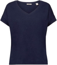 ESPRIT Damen T-Shirt schlichtes Baumwoll-Shirt mit V-Ausschnitt 55557363 Blau