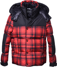 Nylon down jacket with red and black tartan print