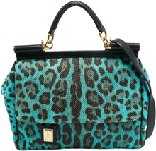 Dolce Gabbana Blue/Brown Leopard Print Raffia Large Miss Sicilia Top Handle Bag
