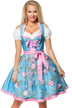 Ljusblå Dirndl Oktoberfestklänning i Lyxkvalitet med Utformade Blommor på Förkläde