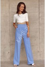 Niebieskie spodnie damskie z wysoką talią, eleganckie spodnie dzwony 0025