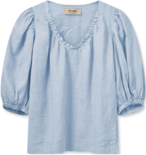Mmtaissa Linen Blouse Tops Blouses Short-sleeved Blue MOS MOSH