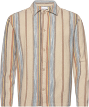 "Regular Woven Striped Overshirt - G Tops Overshirts Beige Knowledge Cotton Apparel"