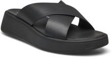 F-Mode Leather Flatform Cross Slides Shoes Summer Shoes Platform Sandals Black FitFlop