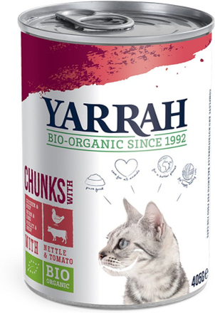 Yarrah Bio Chunks 1 x 405 g - Bio Huhn & Bio Rind mit Bio Brennnesseln & Bio Tomaten in Sosse