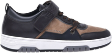Low-top trainers in dark brown leather and sand split leather