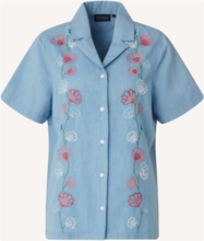 Ajla Embroided Linen Blend Blouse Tops Shirts Short-sleeved Blue Lexington Clothing