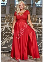 Czerwona sukienka brokatowa z koronką o wyszczuplającym kroju, Carmen krótki rękaw