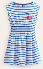 Jerseykleid mit geraffter Taille Mädchen Boden, Griechisch-Blau/ Naturweiß Kirschen