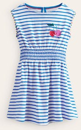 Jerseykleid mit geraffter Taille Mädchen Boden, Griechisches Blau / Naturweiß Kirschen