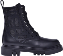Combat boots in black leather and glitter fabric