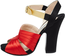 Prada Tri-Color Leather og Quilted Satin Ankel Strap Platform Sandals