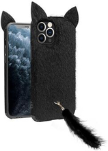 QIALINO Plush Coated TPU Fluffy Cat Ear Phone Cover Decor with Tail Strap for iPhone 11 Pro