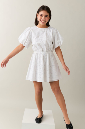 Gina Tricot - Y puffslv anglaise dress - young-dresses - White - 146/152 - Female