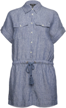 Pinstripe Linen Short-Sleeve Romper Bottoms Jumpsuits Blue Lauren Ralph Lauren