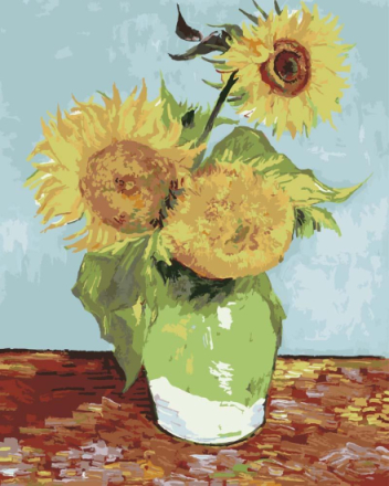 Malen nach Zahlen - Drei Sonnenblumen in einer Vase - Vincent van Gogh, mit Rahmen
