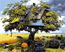Haus im Baum - Malen nach Zahlen, 50x40cm / Ohne Rahmen / 24 Farben (Einfach)