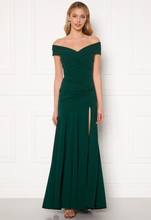 Goddiva Bardot Pleat Maxi Split Dress Emerald XXS (UK6)