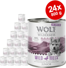 Sparpaket Wolf of Wilderness Junior "Freiland-Fleisch" 24 x 800 g - Junior Wild Hills - Freiland-Ente & Freiland-Kalb