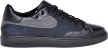 Low-top trainers in black calfskin and navy blue suede