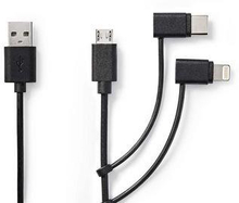 Nedis 3 i 1 kabel | USB 2.0 | USB-A Hane | Apple Lightning, 8-stifts / USB Micro-B Hane / USB-C- Hane | 480 Mbps | 1.00 m | Nickelplaterad | Rund | PVC | Svart | Plastpåse