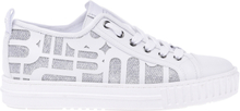 Low-top trainers in white leather and glitter fabric