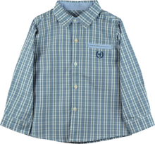 Blå/vit rutig skjorta med emblem och tuff ficka (Storlek: 3 år - 98 cm)