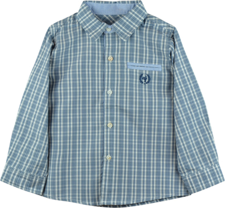 Blå/vit rutig skjorta med emblem och tuff ficka (Storlek: 6 år - 116 cm)