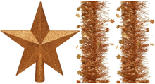 Set van een kerst ster piek en 2x stuks kerstslingers cognac bruin (amber) glitter 270 x 10 cm