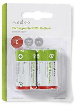 Nedis Uppladdningsbara Ni-MH Batteri C | 1.2 V DC | 4000 mAh | Förladdad | 2-Blister | HR14 | Grön / Röd