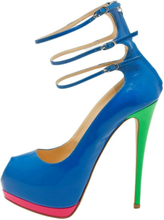 Giuseppe Zanotti Blue Patent Leather Peep Toe Platform Triple Ankle Strap Pumps