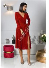 Czerwona brokatowa sukienka Plus Size z długim rękawem, wyszczuplająca sukienka Midi Salma