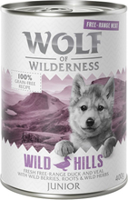 Wolf of Wilderness Junior "Freiland-Fleisch" 6 x 400 g - Junior Wild Hills - Freiland-Ente & Freiland-Kalb