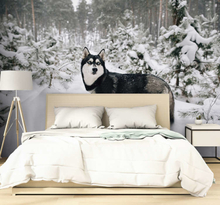 Winter bos en husky hond fotobehang behang