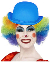 Clown verkleed set gekleurde pruik met bolhoed blauw