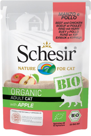 Schesir Bio Pouch 6 x 85 g - Sterilized Bio Huhn und Bio Schwein mit Bio Kürbis