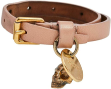 Skull Charm Pink Leather Gold Tone Double Wrap armbånd
