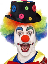 Clown verkleed set gekleurde pruik met hoed zwart met knopen