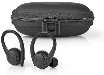 Nedis Fullt Trådlösa hörlurar | Bluetooth® | Maximal batteritid: 4 timmar | Tryck på Kontroll | Batteri hölje | Inbygd mikrofon | Stöd för röststyrning | Öron krokar | Svart
