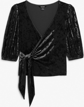 Velvet wrap top with puff sleeves - Black
