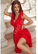 Czerwona sukienka wieczorowa z kokardkami na ramionach HB2209