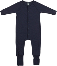 Night Suit, Navy Drop Needle, Merino Wool Pyjamas Sie Jumpsuit Navy Smallstuff